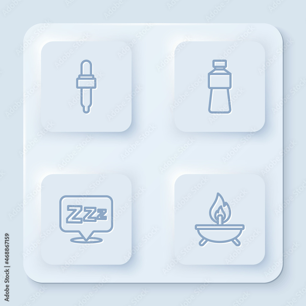 Set line Pipette with oil, Bottle of water, Sleepy and Aroma candle. White square button. Vector Set line Pipette with oil, Bottle of water, Sleepy and Aroma candle. White square button. Vector