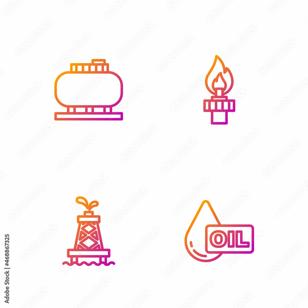 Set line Oil drop, rig, tank storage and with fire. Gradient color icons. Vector