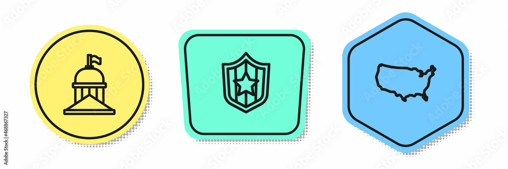 Set line White House, Shield with stars and USA map. Colored shapes. Vector Set line White House, Shield with stars and USA map. Colored shapes. Vector