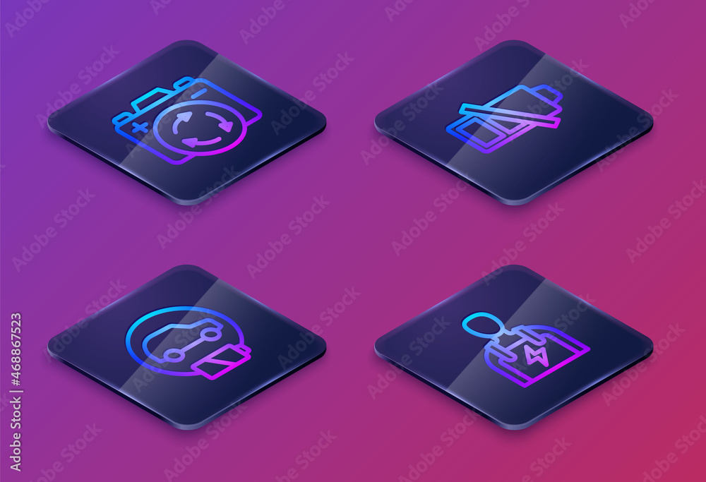 Set Isometric line Battery with recycle symbol, Electric car, Low battery and Car mechanic. Blue square button. Vector Set Isometric line Battery with recycle symbol, Electric car, Low battery and Car mechanic. Blue square button. Vector