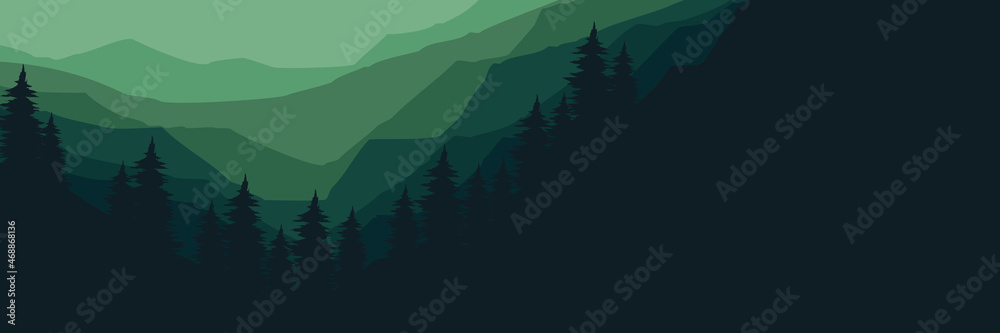 green fresh mountain landscape forest silhouette good for wallpaper, background, backdrop, banner, header, tourism design, mountain travel design and design template