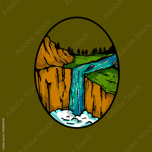 Waterfall illustration, outdoor adventure . Vector graphic for t shirt and other uses