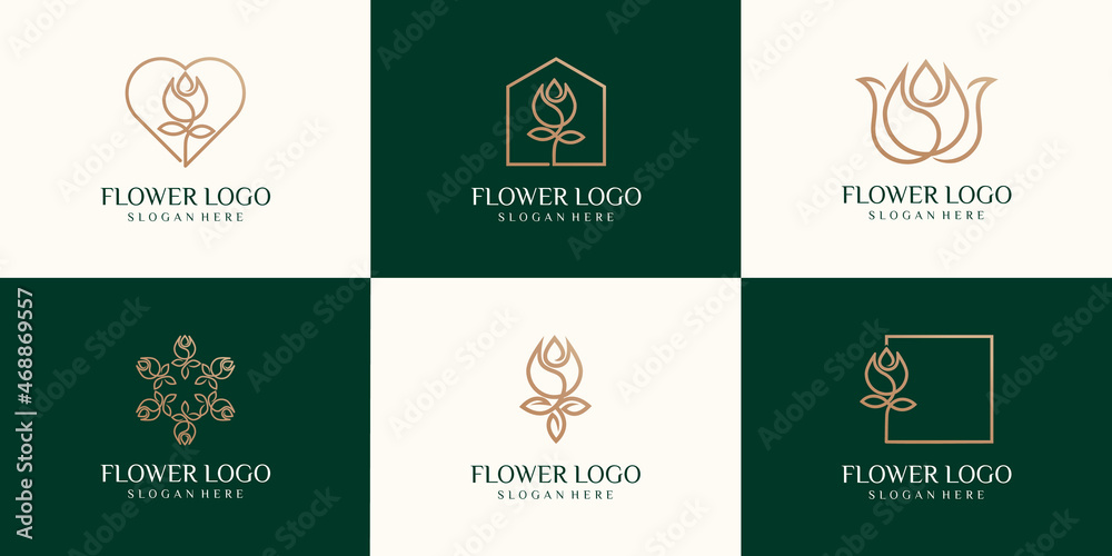 set of Abstract linear tulip icon. Flower bud symbol. Beauty, spa salon, cosmetics or boutique logo.