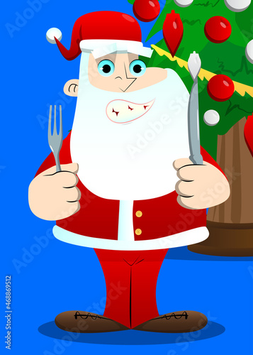 Santa Claus in his red clothes with white beard holding up a knife and fork. Vector cartoon character illustration.