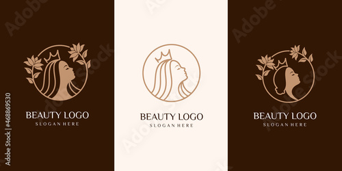 set of queen Beauty woman logo. SPA, Hairdressing girl Logotype concept icon linear style