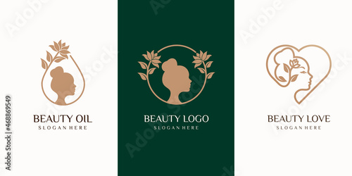 set of Beauty woman logo. SPA, Fashion, Makeup, Hairdressing girl Logotype concept icon linear style