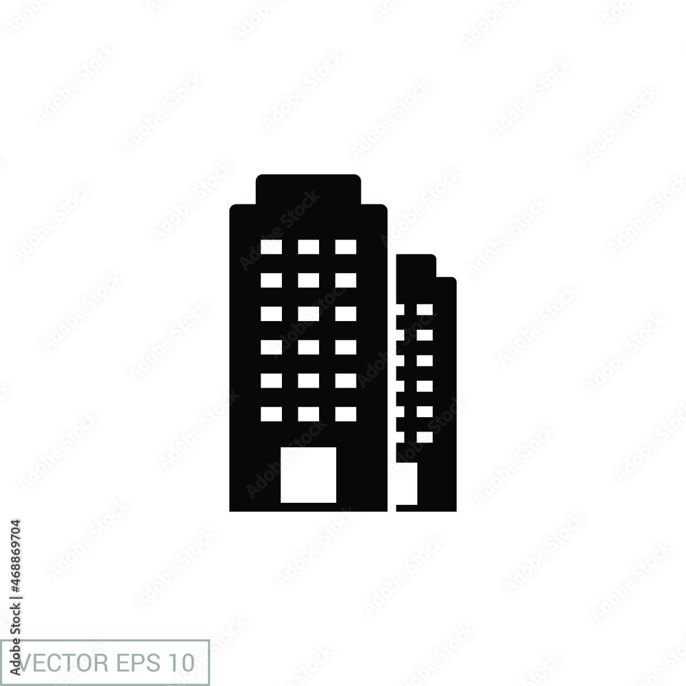 Building icon. Apartment, office, business, company, hotel, construction, residential, city house concept. Vector design isolated on white background. Simple glyph, solid style. EPS 10.