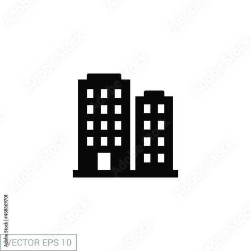 Building icon. Apartment, office, business, company, hotel, construction, residential, city house concept. Vector design isolated on white background. Simple glyph, solid style. EPS 10.