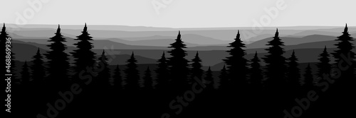 creative monochrome mountain landscape forest silhouette good for wallpaper, background, backdrop, banner, header, tourism design, mountain travel design and design template