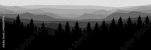 creative monochrome mountain landscape forest silhouette good for wallpaper, background, backdrop, banner, header, tourism design, mountain travel design and design template