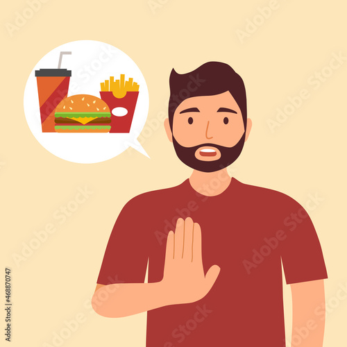 Man dieting and refuse junk food in flat design. Stop eating unhealthy or fast food for good health.