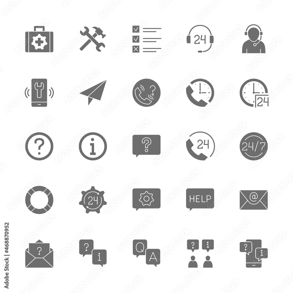 Set of Support Grey Icons. Call Center, Chat Message, Contact and more.