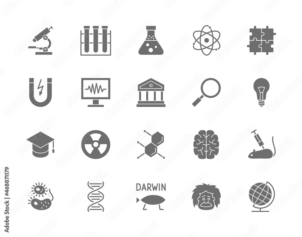 Naklejka premium Set of Science Grey Icons. School Globe, Professor, Evolution, Dna and more.