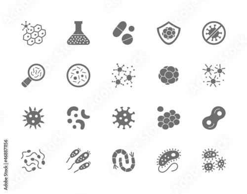 Set of Bacteria Grey Icons. Microbe, Germ, Cell, Caviar, Immune System and more.