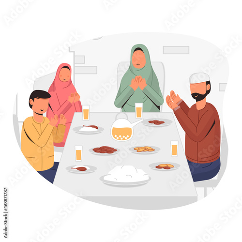 Muslim family iftar together, breakfast together and reading prayers together conceptual design ilustration
