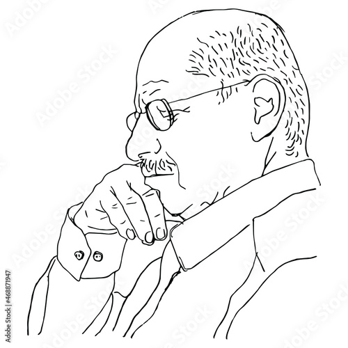 Portrait of an old man wearing glasses and propping his head. Sad tired aged person. Hand drawn linear doodle rough sketch. Black silhouette on white background.
