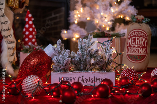 Merry Christmas message on holiday decorations