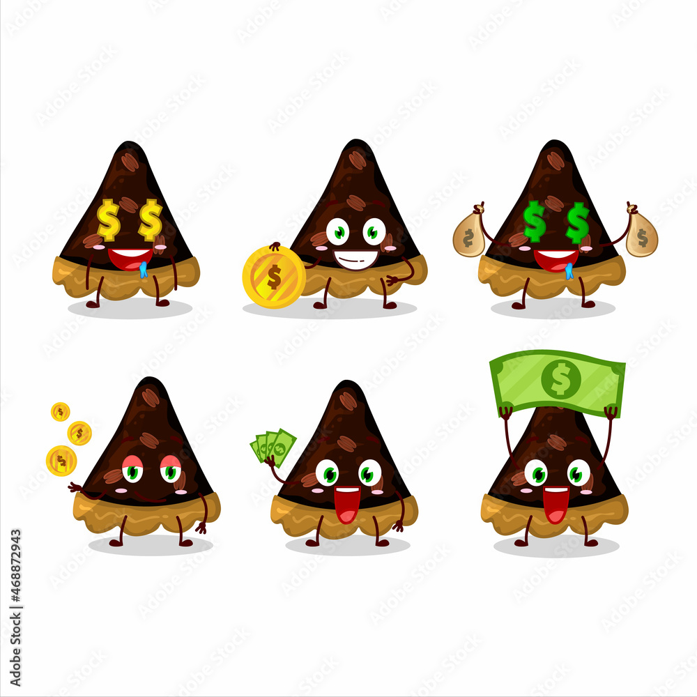 Slice of pecan pie cartoon character with cute emoticon bring money Slice of pecan pie cartoon character with cute emoticon bring money