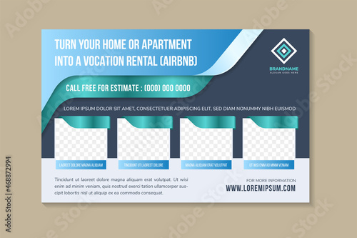 geometric horizontal flyer template design use headline is home or apartment into a vocation rental. rectangle shape for photo collage space. purple grey background with blue and green element.
