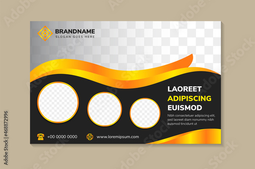 Curve horizontal layout flyer template design use dummy text of headline. circle shape for photo collage space. black background with gold yellow gradient in the element.