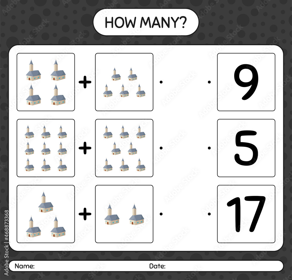 How many counting game with church. worksheet for preschool kids, kids activity sheet How many counting game with church. worksheet for preschool kids, kids activity sheet