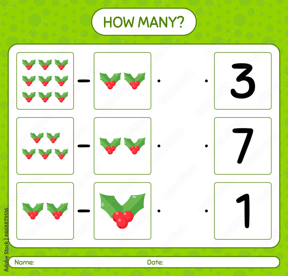 Obraz premium How many counting game with holly berry. worksheet for preschool kids, kids activity sheet