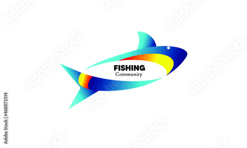 
LOGO ILLUSTRATION WITH SHARK AND FISHERMAN COMMUNITY TEXT CONCEPT, COMMUNITY AND HOBBY LOGO

