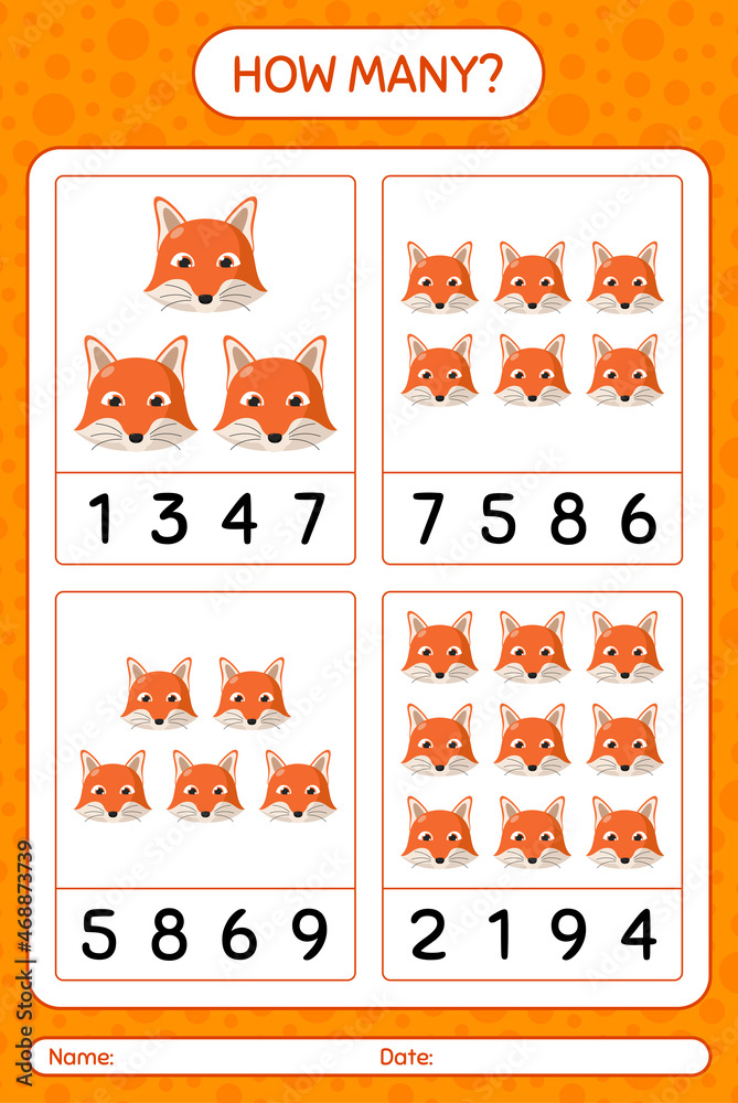 Fototapeta premium How many counting game with red fox. worksheet for preschool kids, kids activity sheet