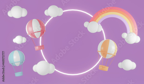 3D Rendering product display circle rings with rainbow clouds hot air balloons and stars on background for commercial design. Minimal purple theme. 3D Render illustration.