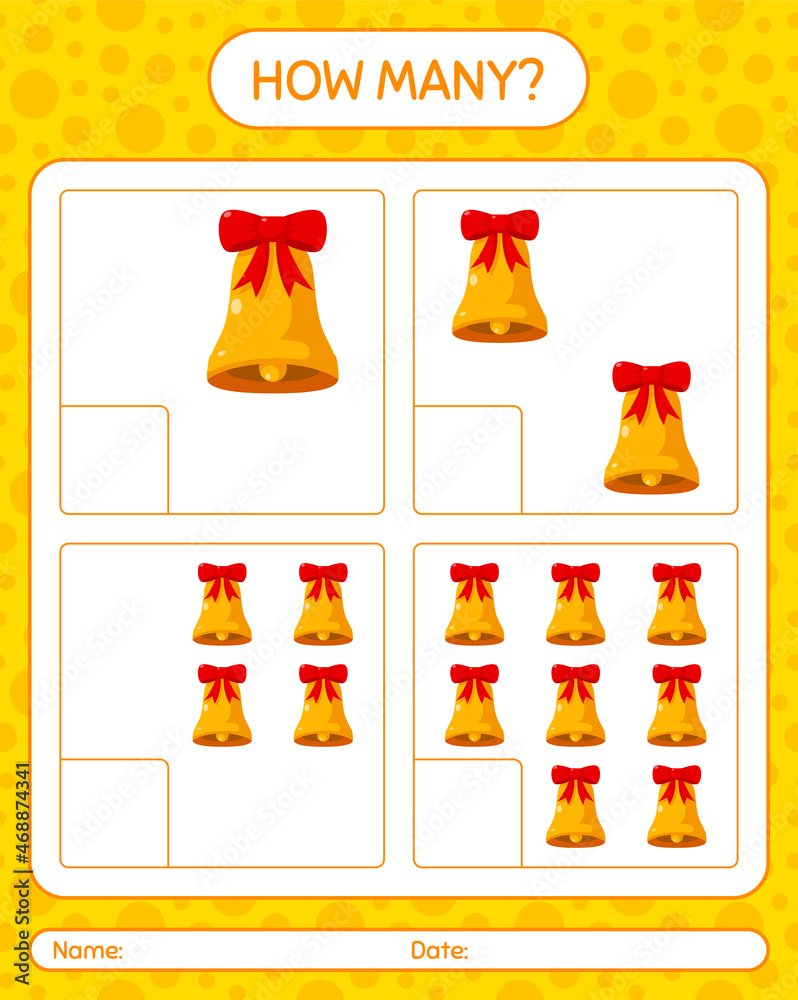 How many counting game with bell. worksheet for preschool kids, kids activity sheet How many counting game with bell. worksheet for preschool kids, kids activity sheet