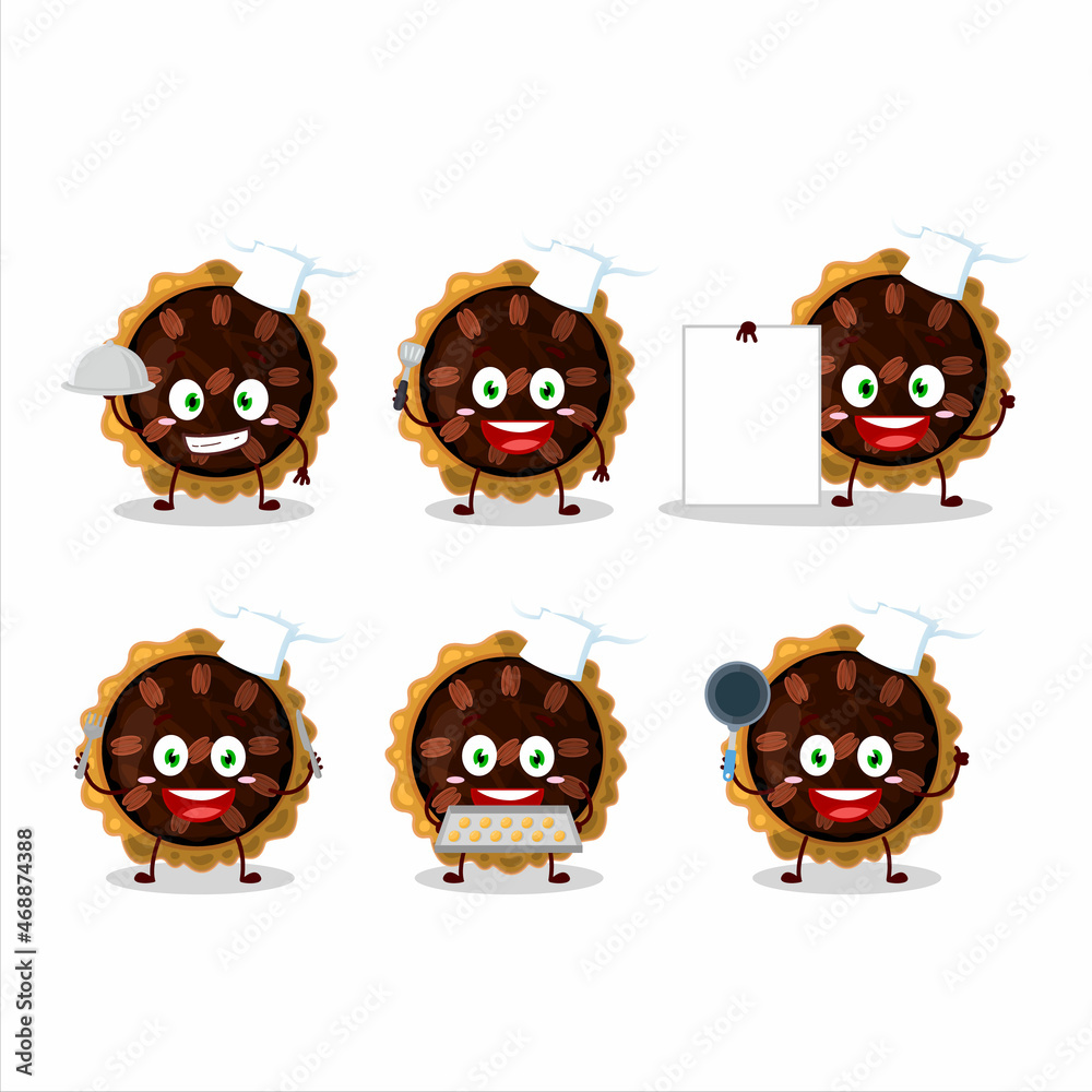 Fototapeta premium Cartoon character of pecan pie with various chef emoticons