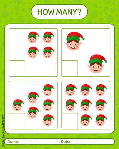 Fototapeta Naklejka Na Ścianę i Meble -  How many counting game with elf. worksheet for preschool kids, kids activity sheet