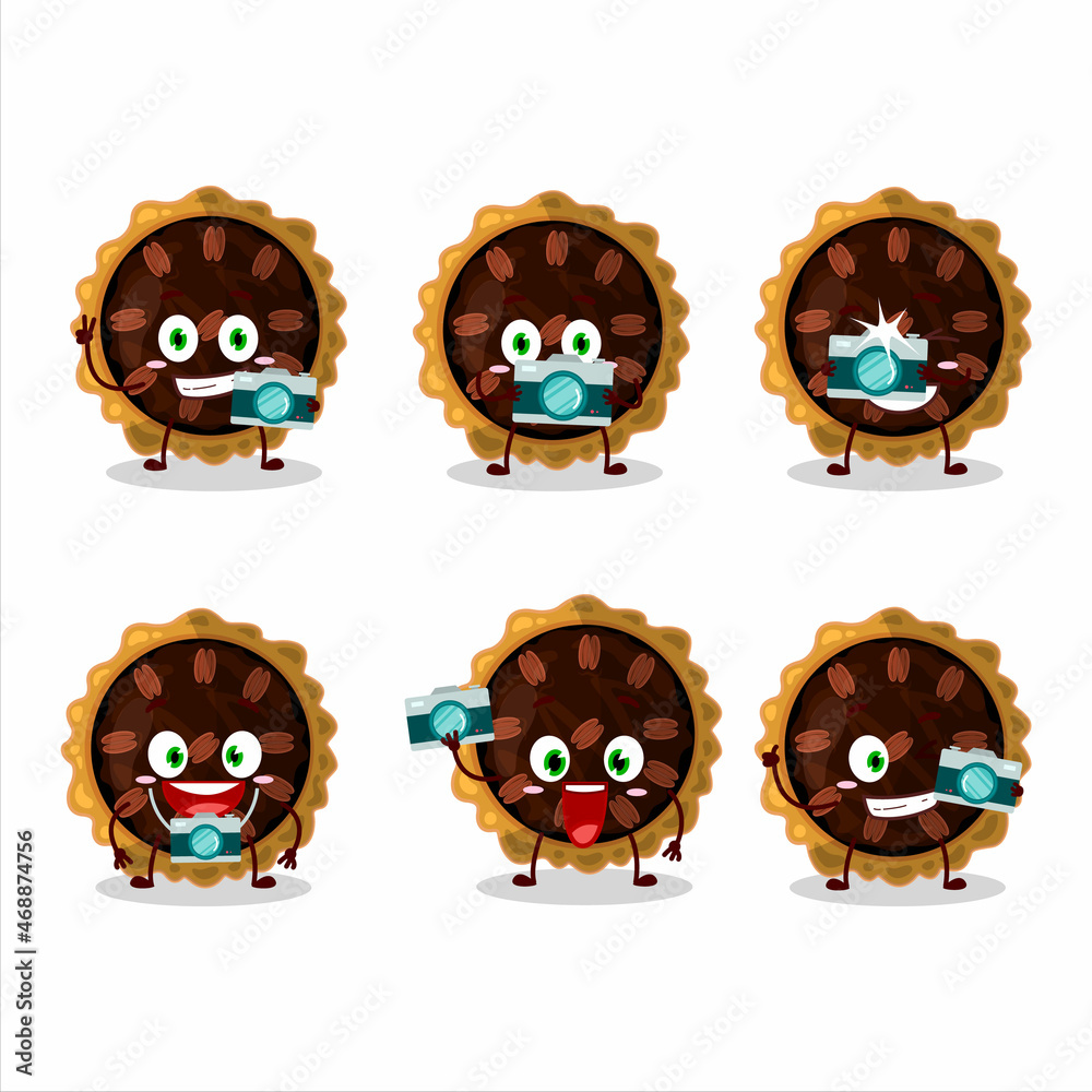 Fototapeta premium Photographer profession emoticon with pecan pie cartoon character