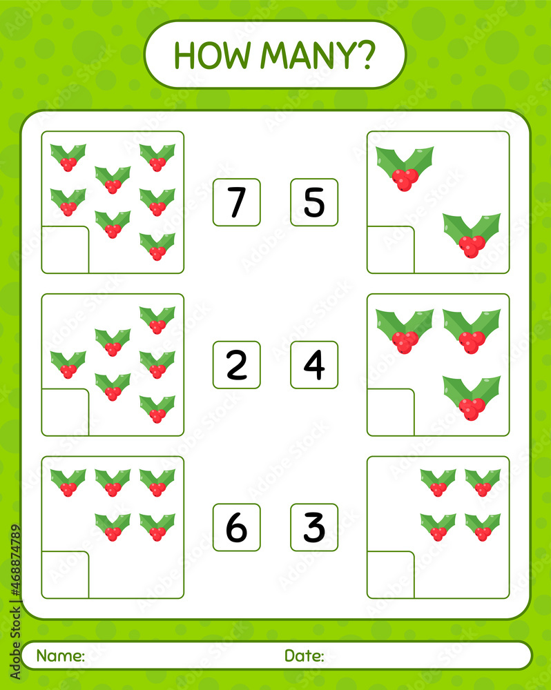 How many counting game with holly berry. worksheet for preschool kids, kids activity sheet How many counting game with holly berry. worksheet for preschool kids, kids activity sheet