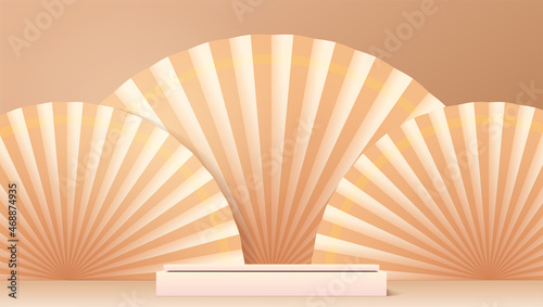 Studio for cosmetic product display. Background in origami style. Fans on backdrop. Skin color. Monochrome theme.