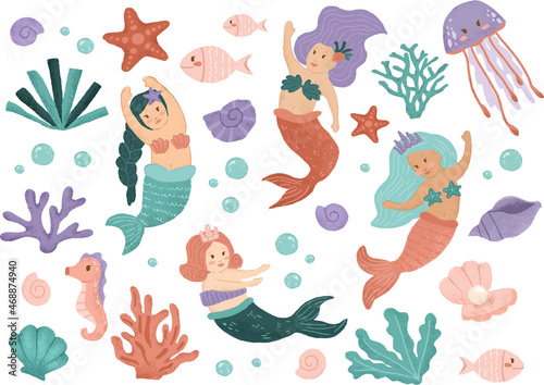 Sea Mermaid Illustration sticker collection for fabric, linen, textiles wallpaper