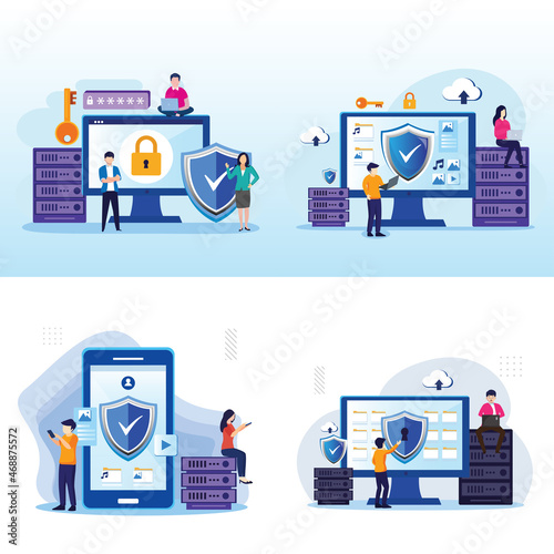 Set bundle Modern flat design of Cyber security illustration concept. protecting data and confidentiality. Flat Style vector template suitable for Web Landing Page, Background.
