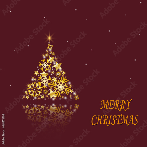 Christmas tree made of beautiful snowflakes  gold stars as decoration. Christmas tree made of snowflakes with reflection. Vector illustration