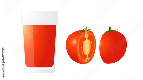 Tomato juice and tomatoes cut in half.