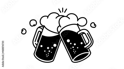 Two beer mugs toasting. White and black illustration.
