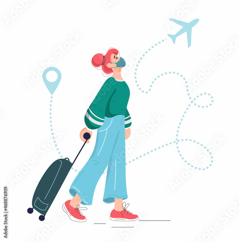 A girl with a suitcase and a protective mask is going on a plane trip. The concept of a stylish illustration about compliance with anti-virus rules at the airport.