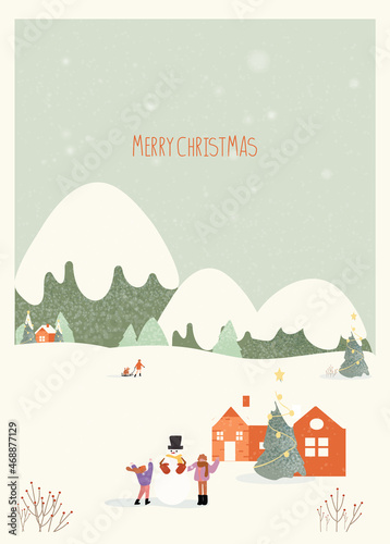 Vector illustration of a Christmas winter greeting postcard.Green color of winter mountain countryside landscape with  people happy 
