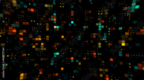 Bright Squares and Dots Technology Futuristic background. Technological Abstract Motion blur and Mosaic Square or Pixel Texture in Various Sizes. 