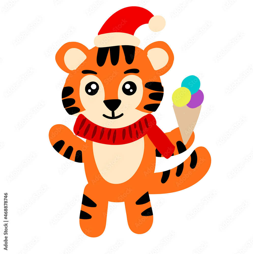 Cute tiger with ice cream. New year illustration for kids Cute tiger with ice cream. New year illustration for kids