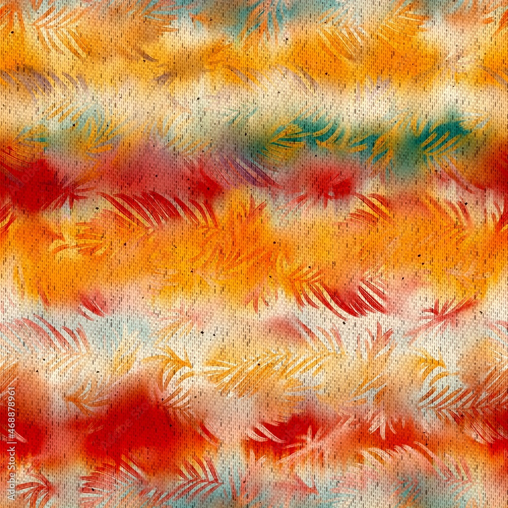 Seamless ombre batik textile pattern for print. High quality illustration. Modern tribal multi colored sunny happy dye design. Ornate abstract swatch that looks like traditional east fabric painting.