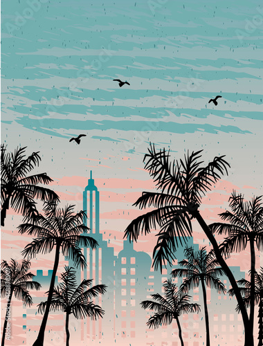 miami vector. palm trees vector sketch.  silhouette skyscraper. vector graphics. eps