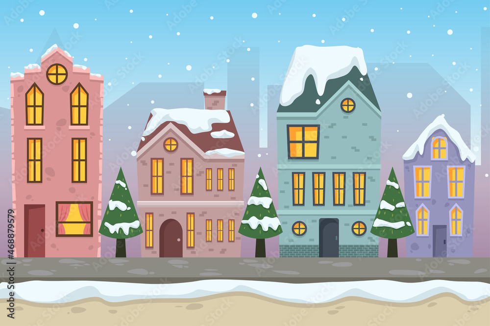 flat city facade buildings empty no people urban street real estate houses exterior winter snowfall cityscape background horizontal vector illustration