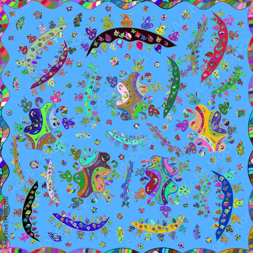 Seamless pattern with interesting doodles on colorfil background. Raster illustration.