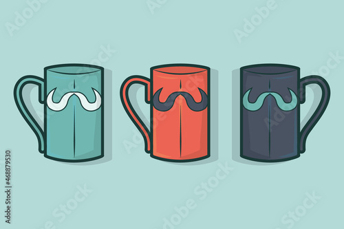 Illustration of a glass with a mustache motif in three color variants on a light blue background
