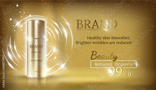 Cosmetic ads template, Realistic Cosmetic bottle. Container for skin care product, serum and other cosmetics bottle mockup on dazzling background. Golden foil and bokeh elements. 3D illustration.
